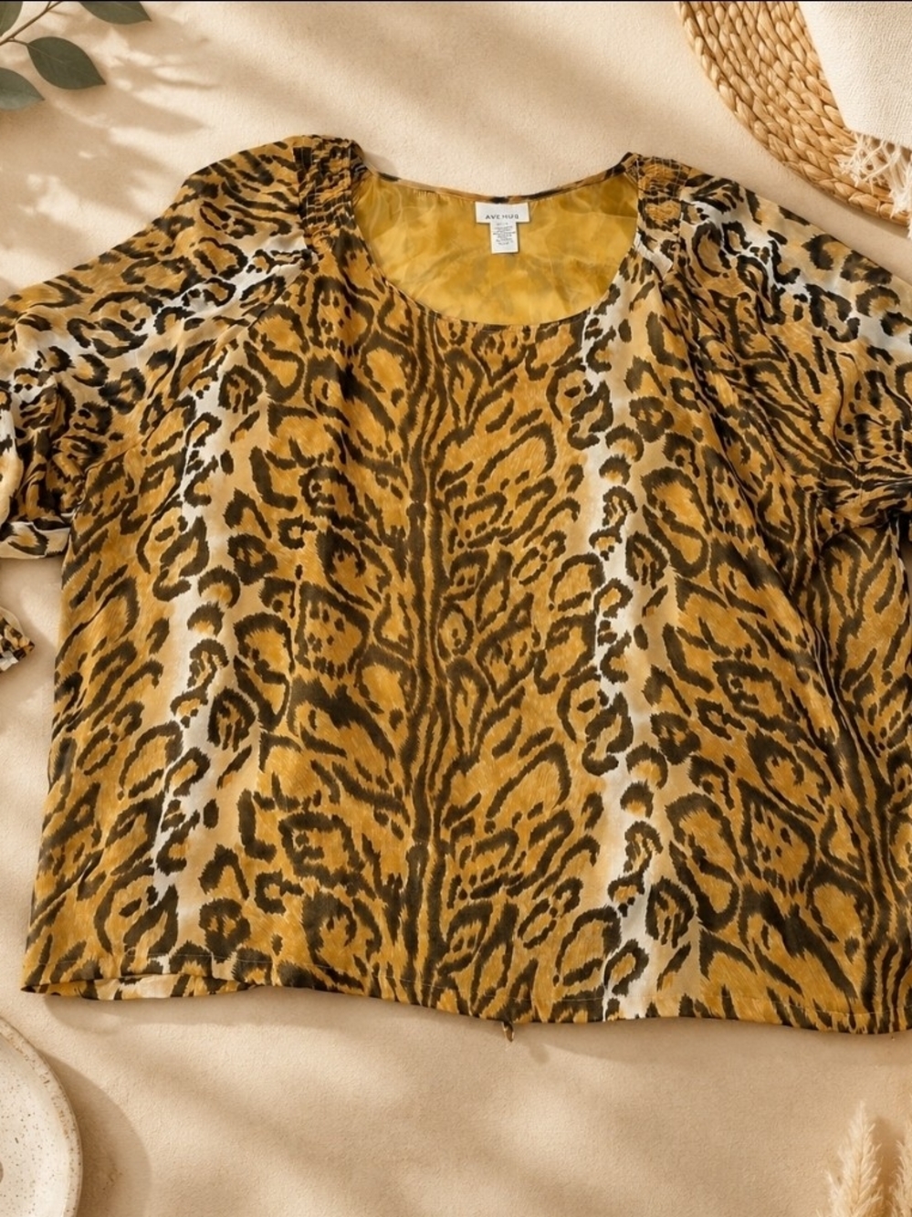 Avenue Yellow and Brown Animal-Print Scoop Neck Blouse